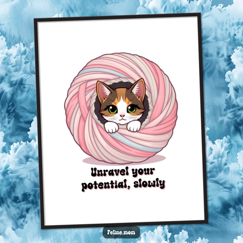 Funny Free Printable Wall Art: Curious calico cat peeking out of a giant yarn ball.
