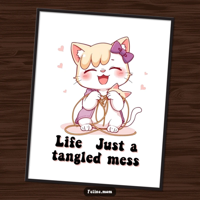 Funny Free Printable Wall Art: A cat lady joyfully navigating a comical tangle of a cat and string.