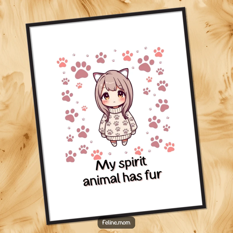 Funny free printable wall art of a woman in a cozy sweater covered in cat paw prints, exuding comfort and humor.