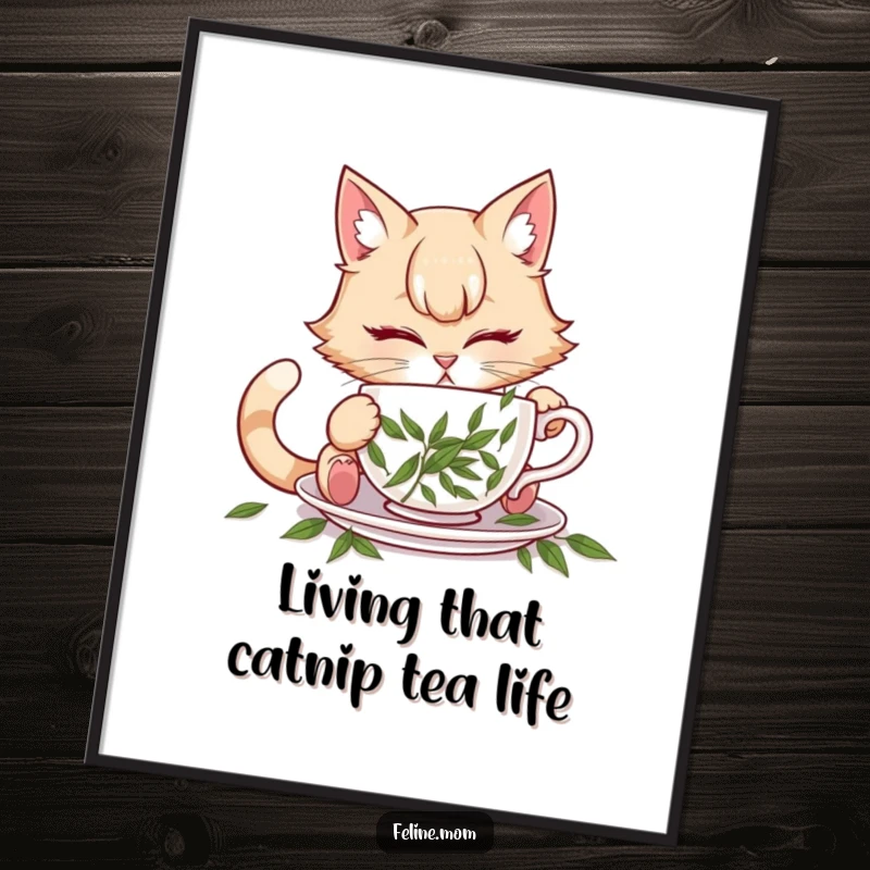 Funny Free Printable Wall Art: A cat lady comically attempting to drink from a teacup generously filled with catnip.