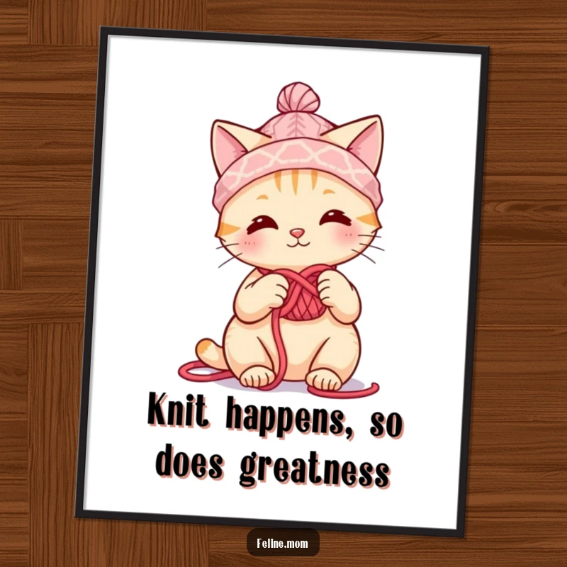Funny Free Printable Wall Art: Cute cat character wearing a tiny yarn hat and knitting with focus.
