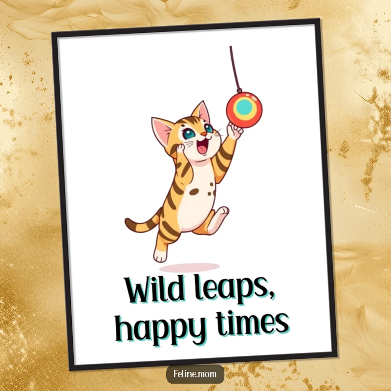 Funny Free Printable Wall Art of a playful Bengal cat leaping energetically towards a suspended toy, a captivating piece of downloadable art for any room.