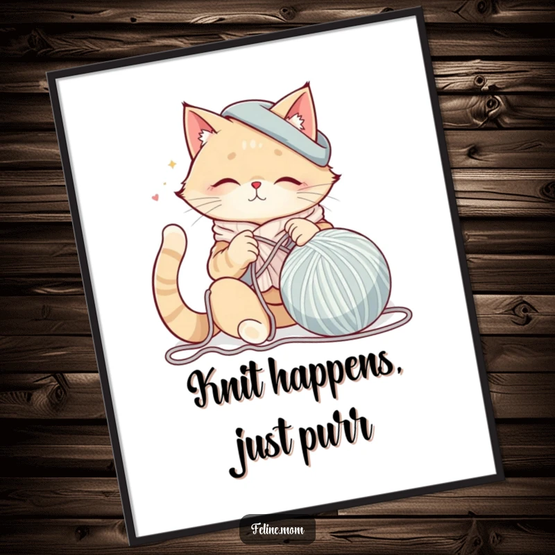 Funny Free Printable Wall Art: A content cat lady is happily knitting a very large, colorful ball of yarn.