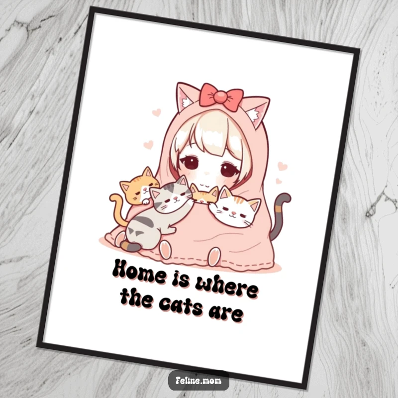 Funny free printable wall art of a Kawaii cat lady sharing a warm blanket with her cats, embodying peace and comfort.