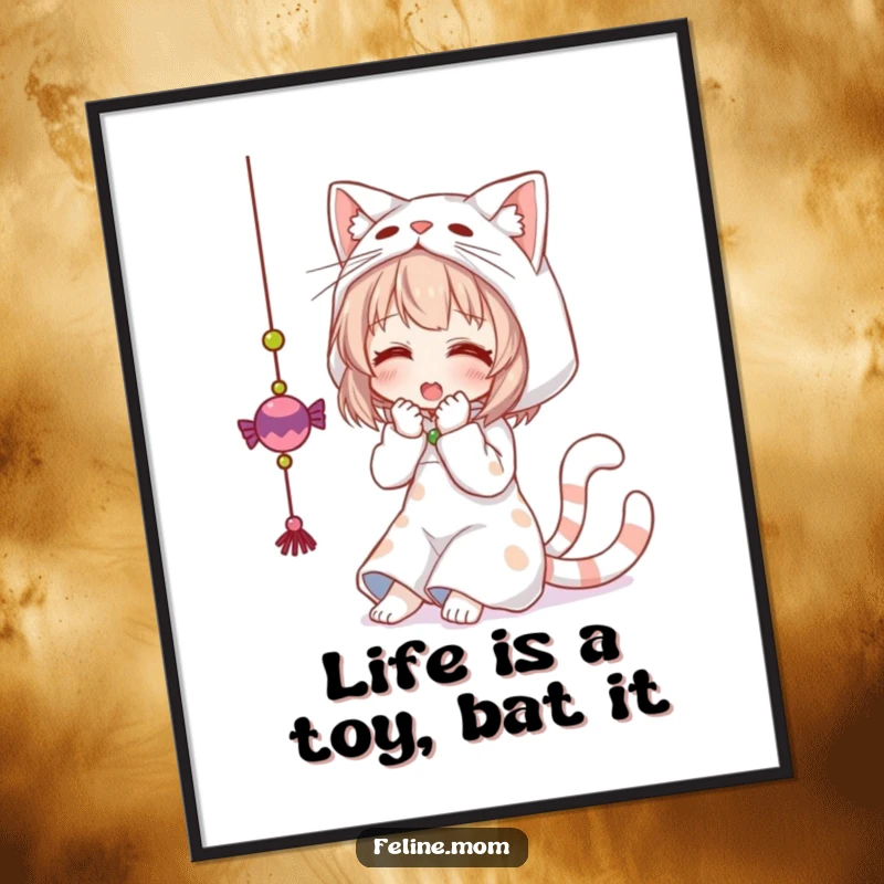 Funny free printable wall art: woman in cat costume playfully batting at a dangling toy, embodying pure, unadulterated fun.