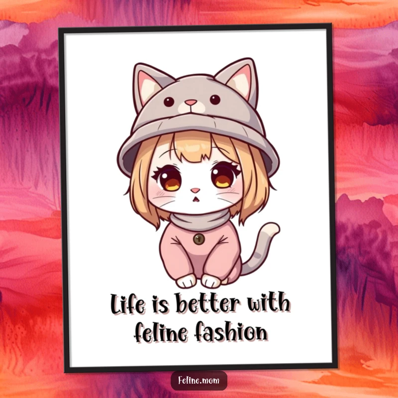 Funny Free Printable Wall Art: A whimsical cat lady wearing a hat with cat ears, looking stylish and playful.