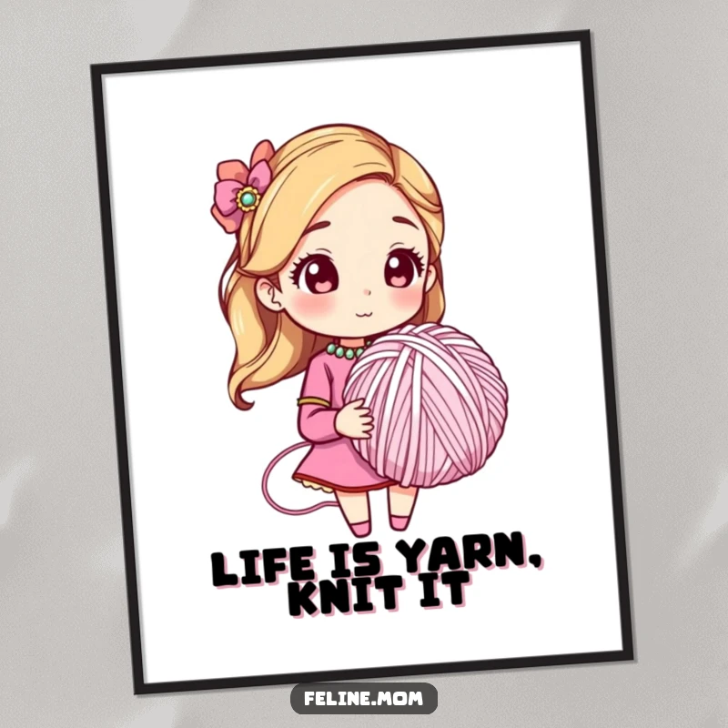 Funny free printable wall art: sophisticated woman in jeweled collar holding a giant yarn ball, contemplating her next purrfect creation.