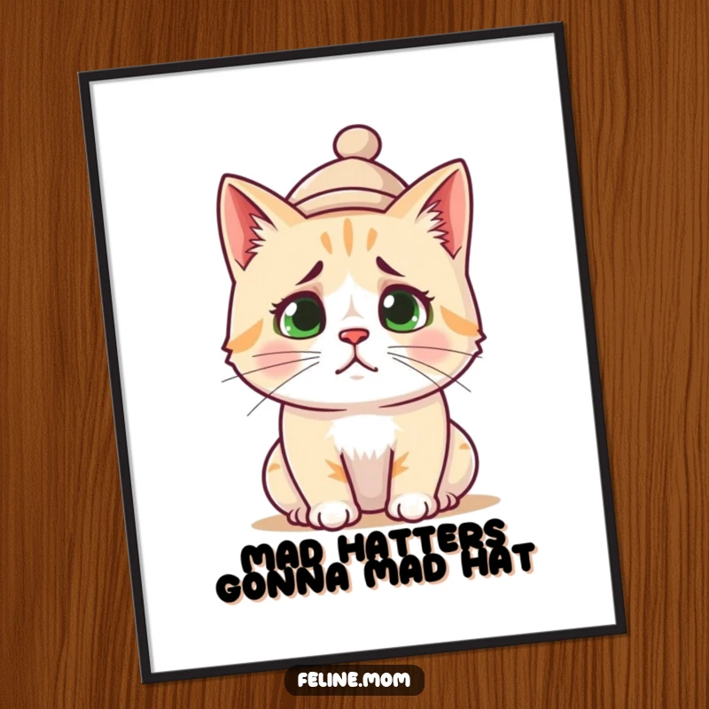 Funny Free Printable Wall Art: A cat wearing a small, slightly askew hat looks utterly confused, adding humor to decor.