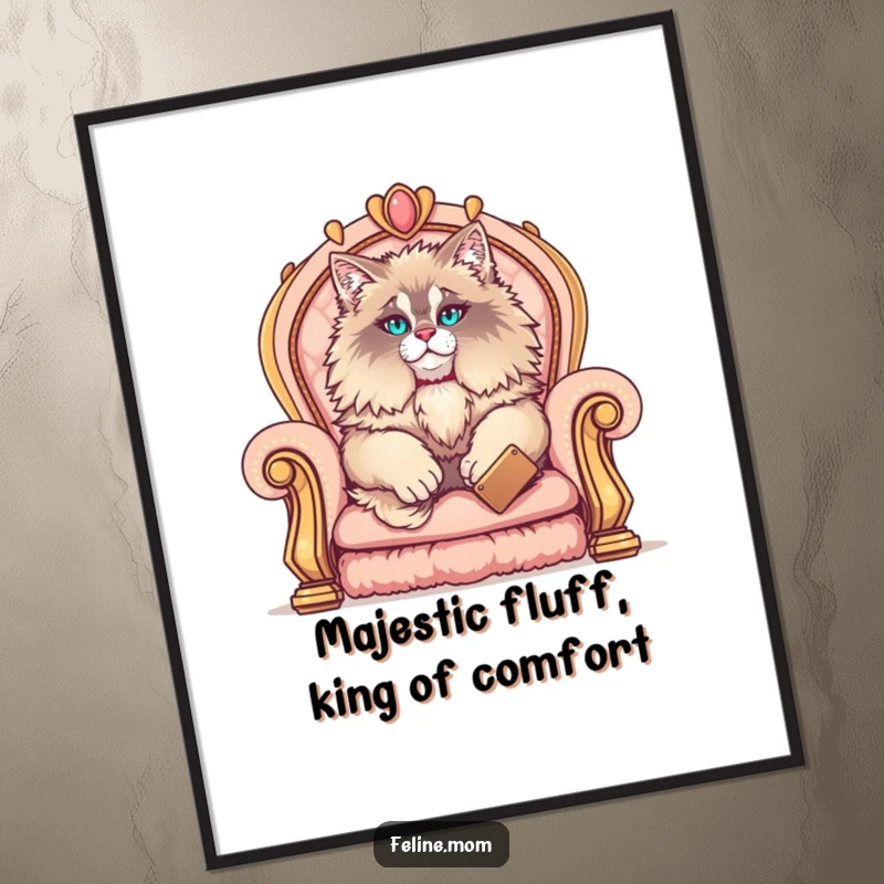 Funny Free Printable Maine Coon Wall Art of a fluffy cat lounging like a king on a luxurious throne, exuding elegance.