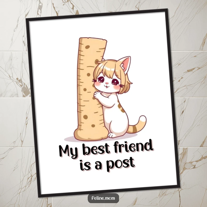 Funny Free Printable Wall Art: A cat lady with a giant scratching post as her beloved and enormous companion.