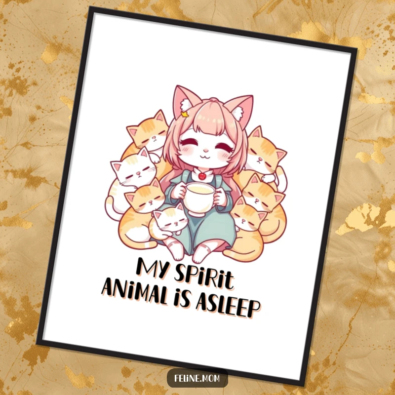 Funny Free Printable Wall Art depicting a serene cat lady surrounded by peacefully sleeping cats, holding a saucer of milk, perfect for cat enthusiasts.