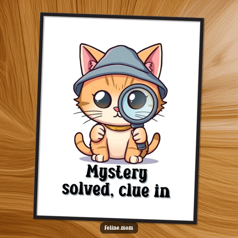 Funny Free Printable Wall Art: A determined cat in a detective hat keenly investigates with a magnifying glass.