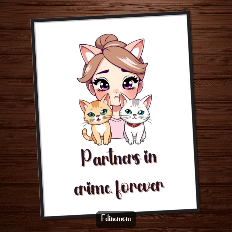 Funny free printable wall art depicting a woman with a knowing smirk and a mischievous cat, hinting at shared secrets.