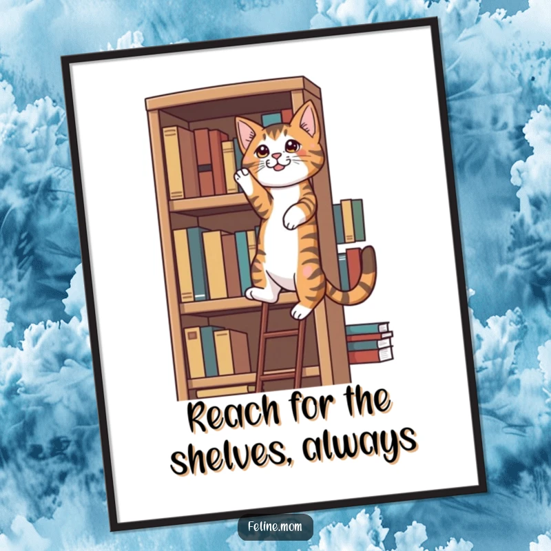 Funny Free Printable Wall Art: Determined tabby cat attempting to climb an impossibly tall bookshelf.