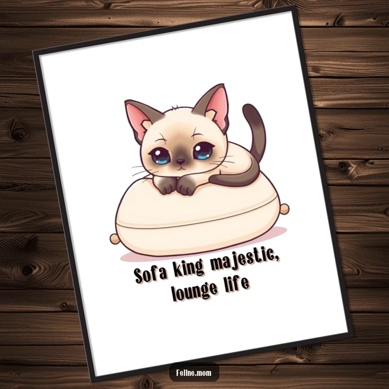 Funny Free Printable wall art of a Siamese cat lounging elegantly on a cushion, adding sophisticated and comical artistic flair to any room.