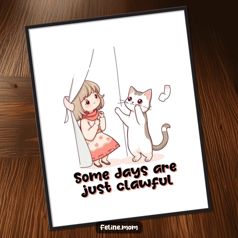 Funny Free Printable Wall Art: A cat lady trying to pet a cat that is hilariously climbing a curtain.