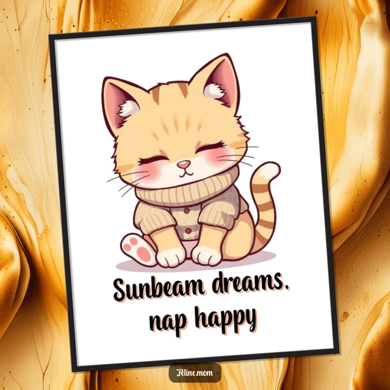 Funny Free Printable Wall Art: A content cat wearing a warm knitted sweater, peacefully sleeping in a sunbeam.