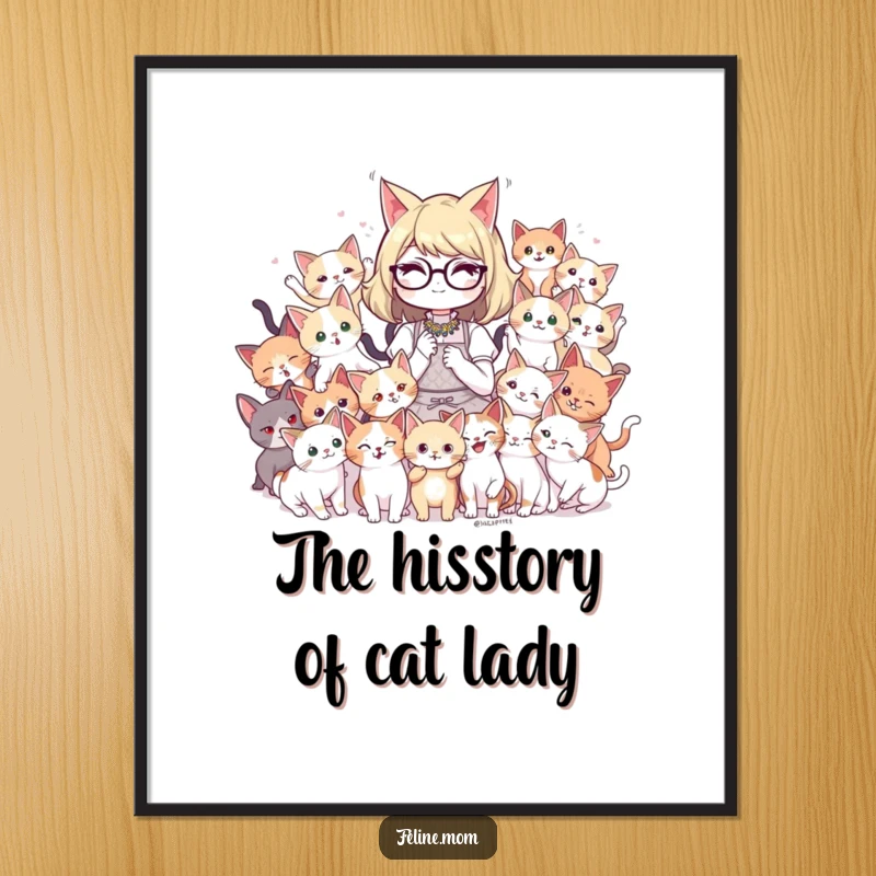 Funny Free Printable Wall Art: A cheerful cat lady is playfully swarmed by an adorable, energetic mob of tiny kittens.