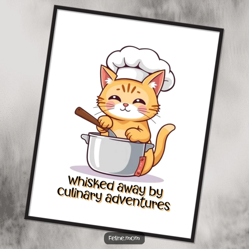 Funny Free Printable Wall Art: A ginger cat wearing a chef hat, actively stirring a pot with culinary glee.