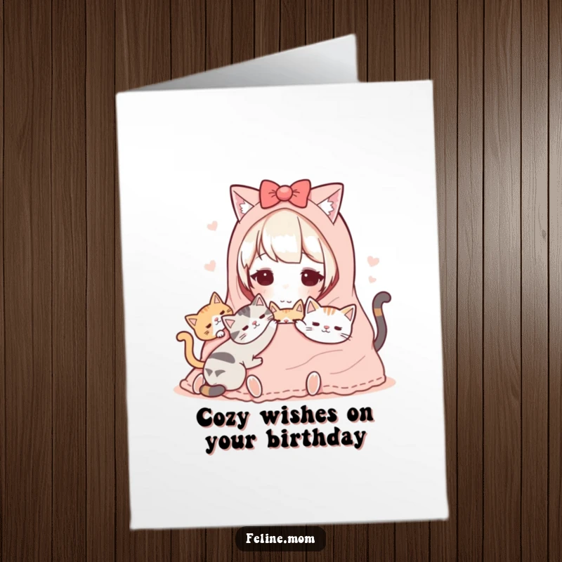 Funny free printable birthday card: Kawaii cat lady sharing a warm blanket with content cats, radiating comfort and love.
