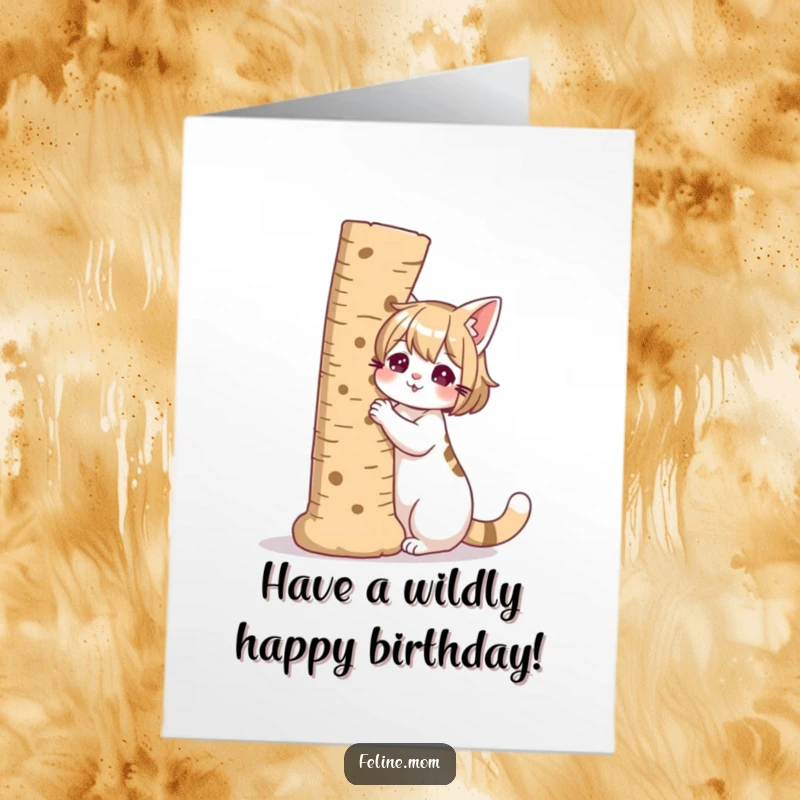 Funny Free Printable Birthday Card: A cat lady posing happily with a giant scratching post as her beloved companion.