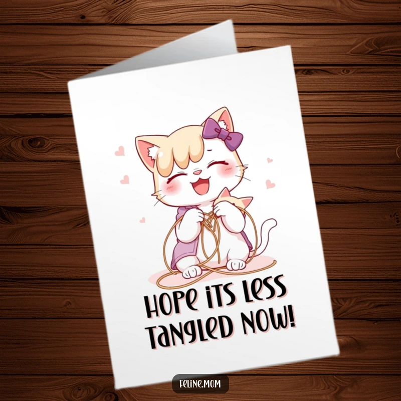 Funny Free Printable Birthday Card: A cat lady attempting to joyfully untangle a cat that is hilariously stuck in string.