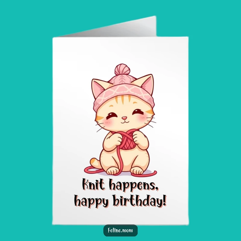 Free Printable Birthday Card: Knitting Cat Yarn Hat Fun Downloadable Gift