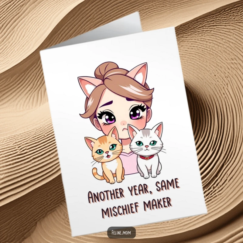 Funny free printable birthday card featuring a woman with a knowing smirk beside a mischievous cat plotting something.