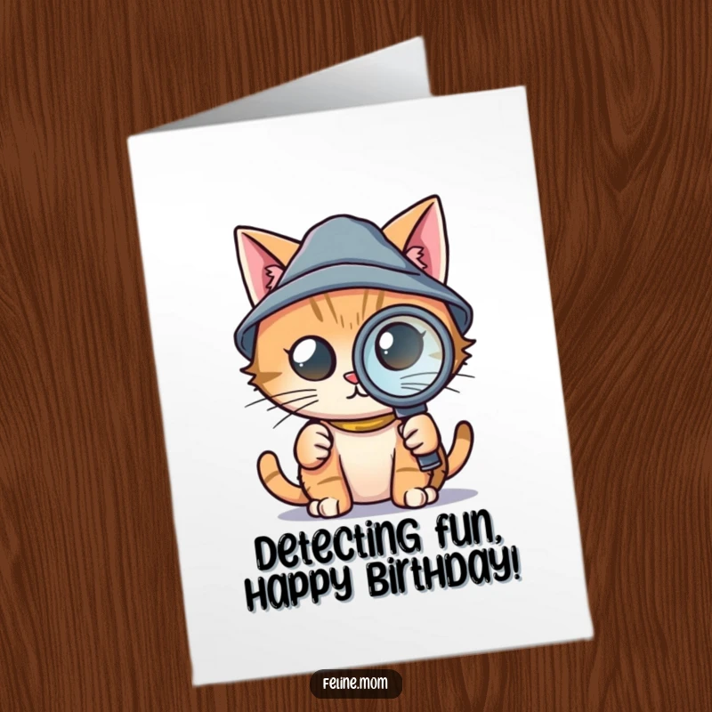 Funny Free Printable Birthday Card: A determined cat in a detective hat peers through a magnifying glass.