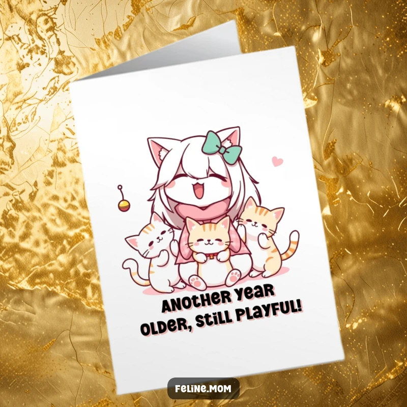 Funny free printable birthday card: Kawaii cat lady with playful cats batting at a dangling toy, capturing pure feline joy.