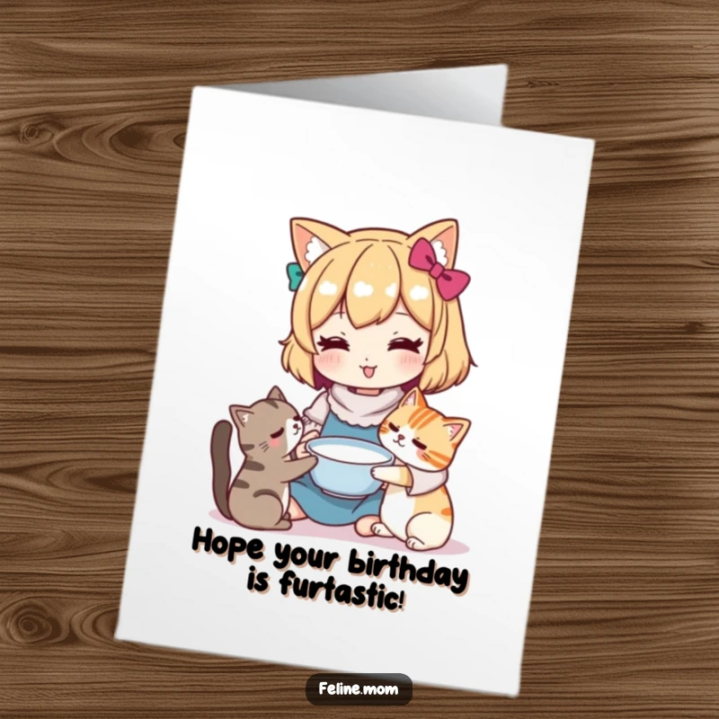 Funny Free Printable Birthday Card: Kawaii cat lady offering milk to a cat, sweet birthday wishes.