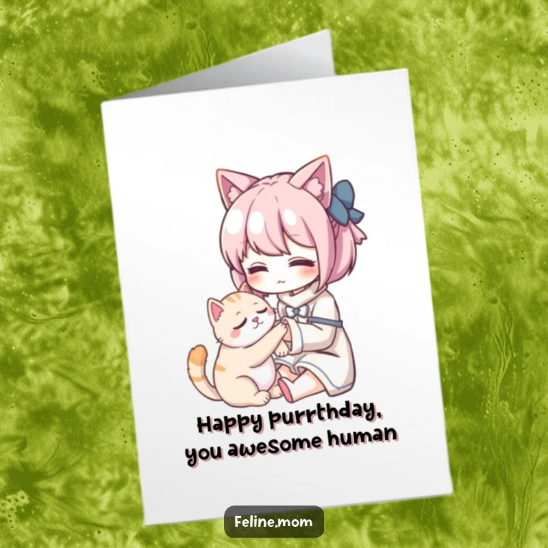 Funny Free Printable Birthday Card: Kawaii cat lady gently petting a purring cat, spreading birthday cheer.