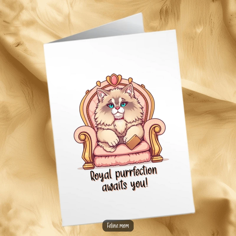Funny Free Printable Maine Coon Birthday Card showing a fluffy cat lounging like royalty on a velvet throne, ready to party.
