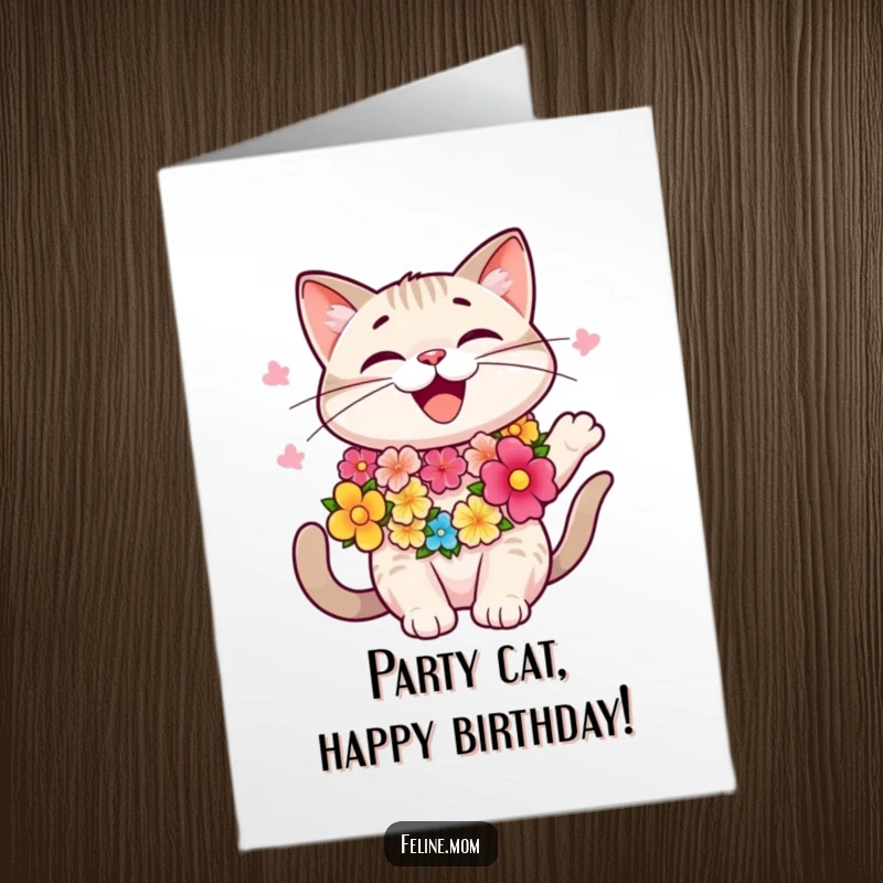 Funny Free Printable Party Cat Birthday Card: Happy cat in a lei sways rhythmically, wishing a groovy birthday.
