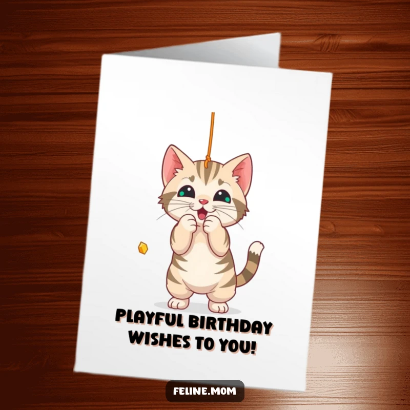 Funny Free Printable Birthday Card: A playful tabby cat enthusiastically bats at a dangling string, full of mischief.