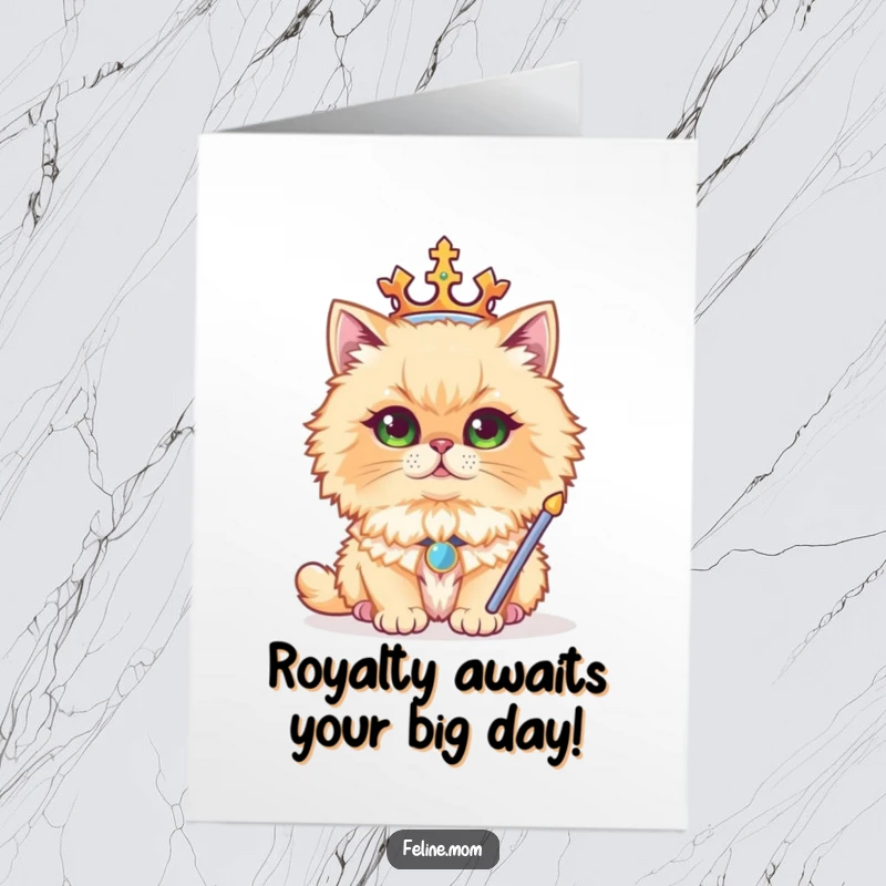 Funny Free Printable Birthday Card: Regal Persian cat wearing a tiny golden crown and holding a scepter, looking utterly majestic and hilarious.
