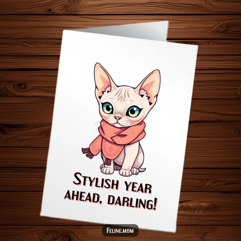 Funny Free Printable Sphynx Cat Birthday Card featuring a curious Sphynx cat sporting a tiny, elaborate scarf, looking quite dapper.