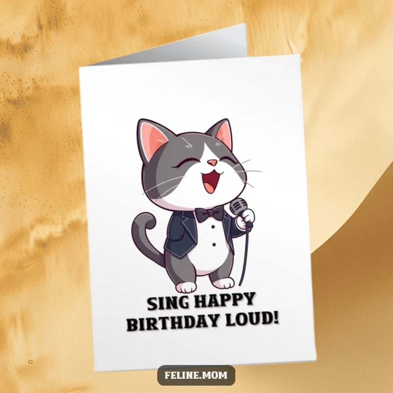 Funny Free Printable Birthday Card: A tuxedo cat with a tiny microphone passionately sings, ready for the stage.