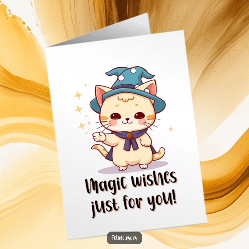 Funny Free Printable Wizard Cat Card: Playful kitty in a hat conjures sparkling dust, ideal for a magical birthday.