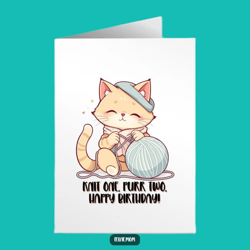 Funny Free Printable Birthday Card: Cat Lady Knitting Yarn Downloadable Gift