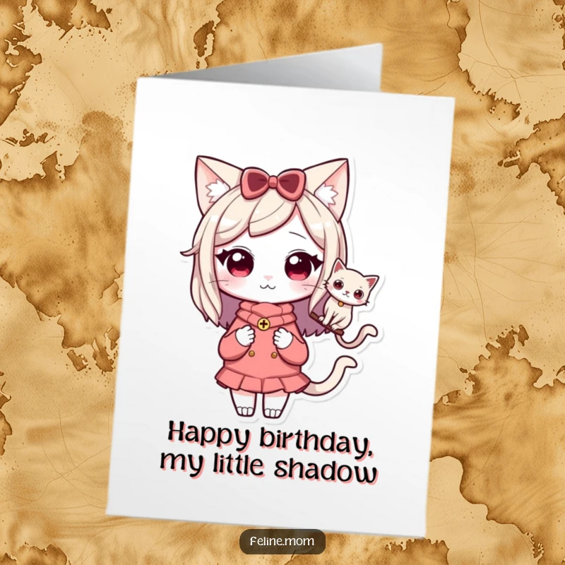 Funny free printable birthday card featuring a Kawaii cat lady with a cute cat perched happily on her shoulder, showing affection.