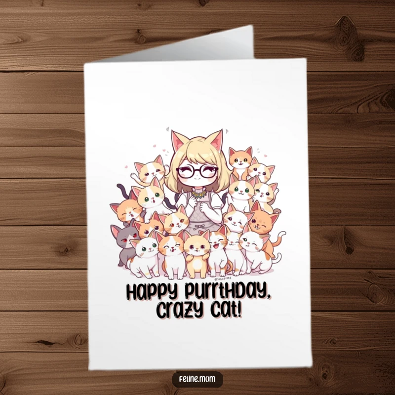 Funny Free Printable Birthday Card: A joyful cat lady is playfully mobbed by a swarm of adorable, mischievous kittens.