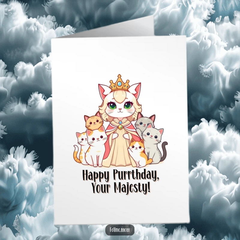 Funny Free Printable Birthday Card: A cat lady queen sits regally, with her feline subjects forming her court.