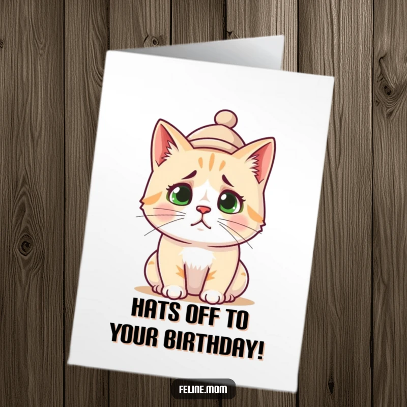 Funny Free Printable Birthday Card: A cat wears a small, silly hat, looking completely confused and questioning life.