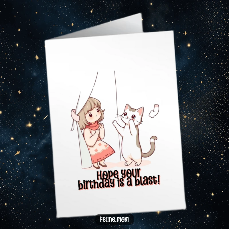 Funny Free Printable Birthday Card: A cat lady reaching for a mischievous cat climbing a curtain during a birthday celebration.