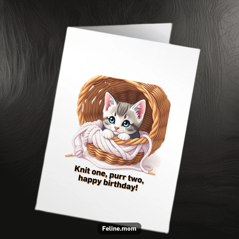 Funny Free Printable Birthday Card featuring a curious kitten peeking playfully from a cozy knitting basket, ideal for a print-at-home surprise.