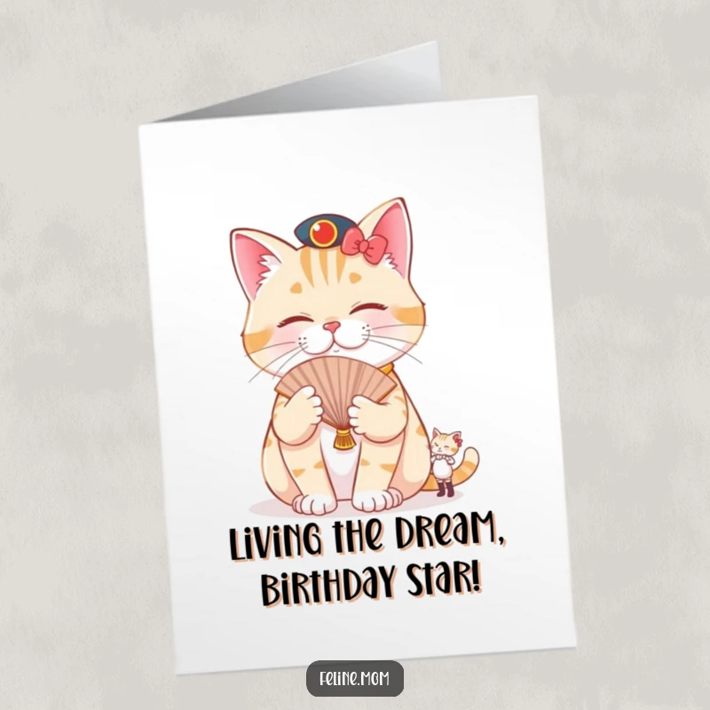 Funny Free Printable Pampered Cat Birthday Card showing a cat being fanned by a tiny attendant, living its best, most luxurious life.