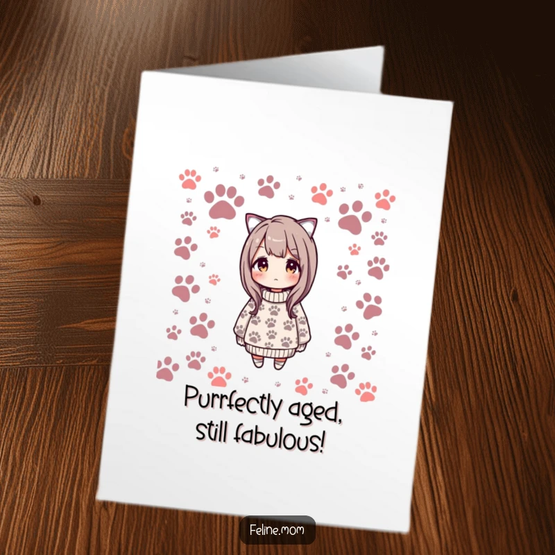 Funny free printable birthday card featuring a woman in a cozy sweater adorned with cat paw prints, ready for celebration.