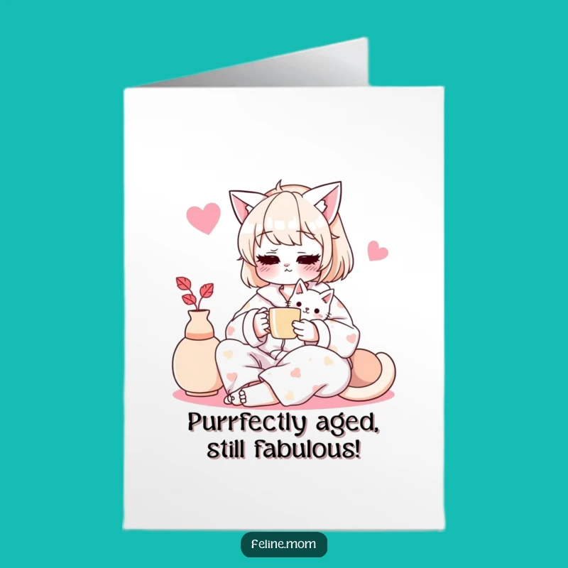 Free Printable Cat Lady Birthday Card: Cozy Pajama Tea Time Fun Downloadable Gift