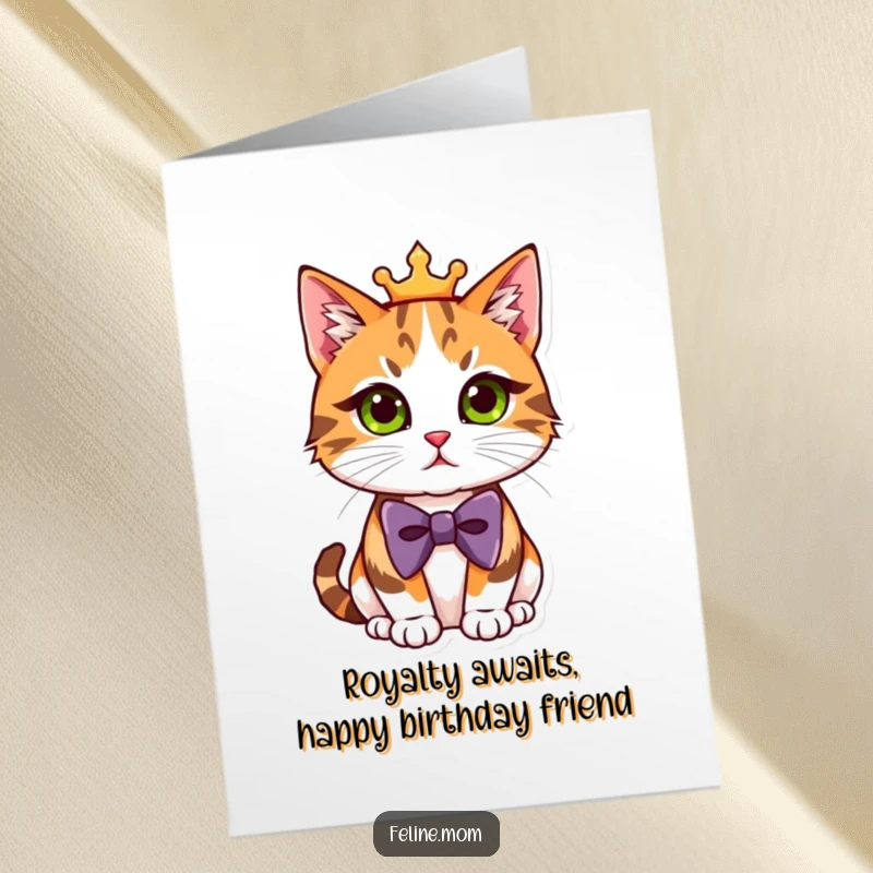 Funny Free Printable Birthday Card: Regal calico cat in a bowtie, looking dapper and ready to celebrate.